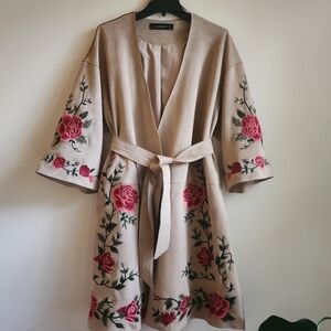 Rare Zara Embroidered Floral Faux Suede Wrap Belted Cardigan Kimono L